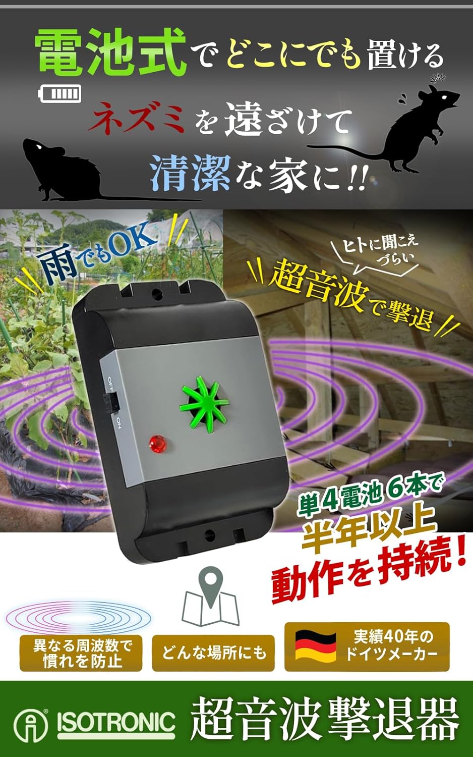 ネズミ駆除 超音波撃退器 防水 電池式でどこでも設置 吊るせる 有効範囲40㎡